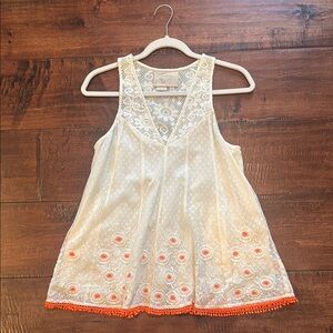 Embroidered Sleeveless Top - Cream and Orange - Size 4